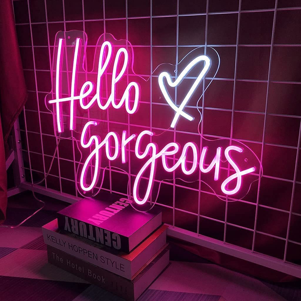 Large Pink LED Neon Signs Hello Gorgeous Wedding Light for Bedroom Birthday Party Home Bar Wall Christmas Decor Art Gift