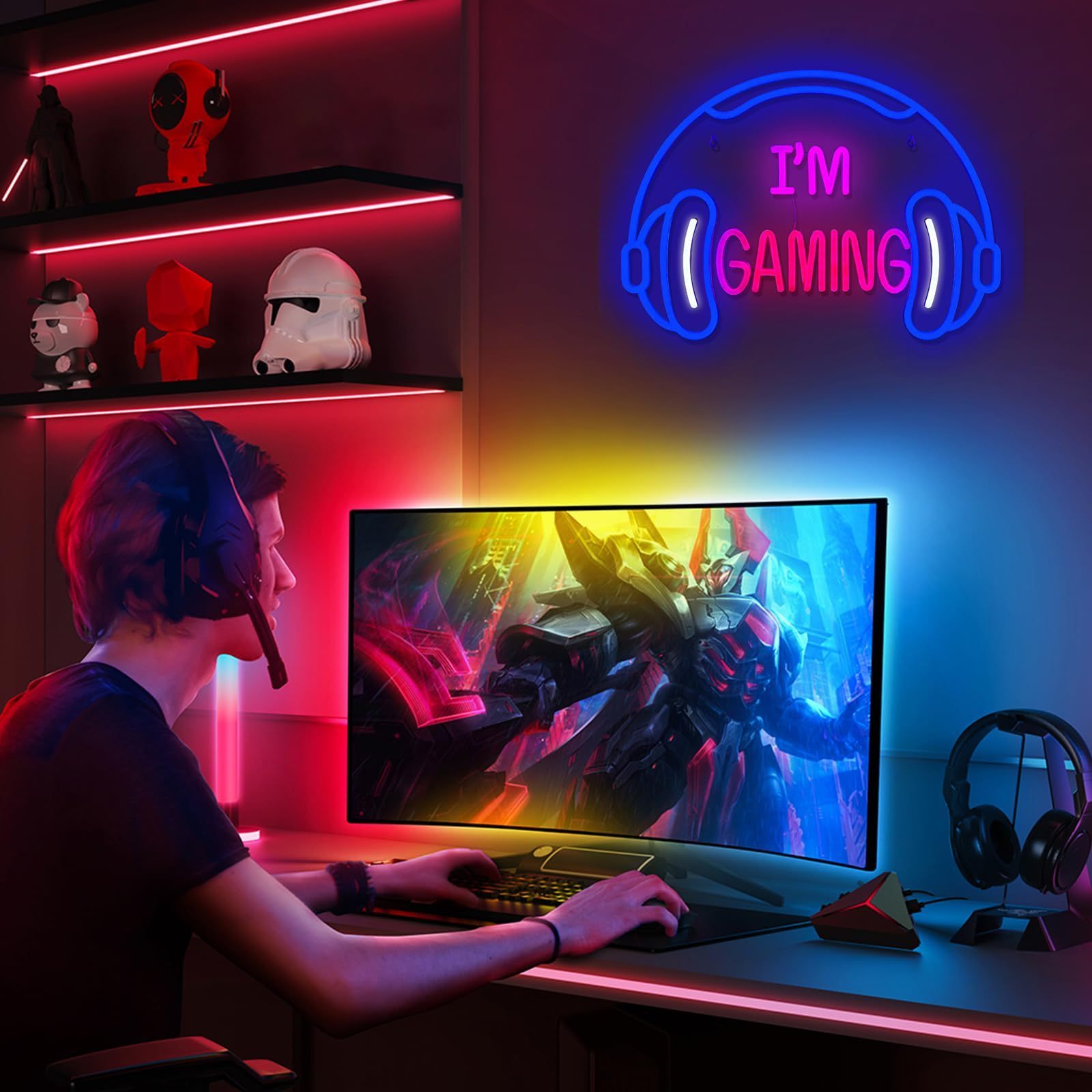 Gaming Headset Neon Sign Dimmable Colorful LED Game Headphone Neon Lights for Gamer Zone Video Teen Room Bedroom Wall Art Decor