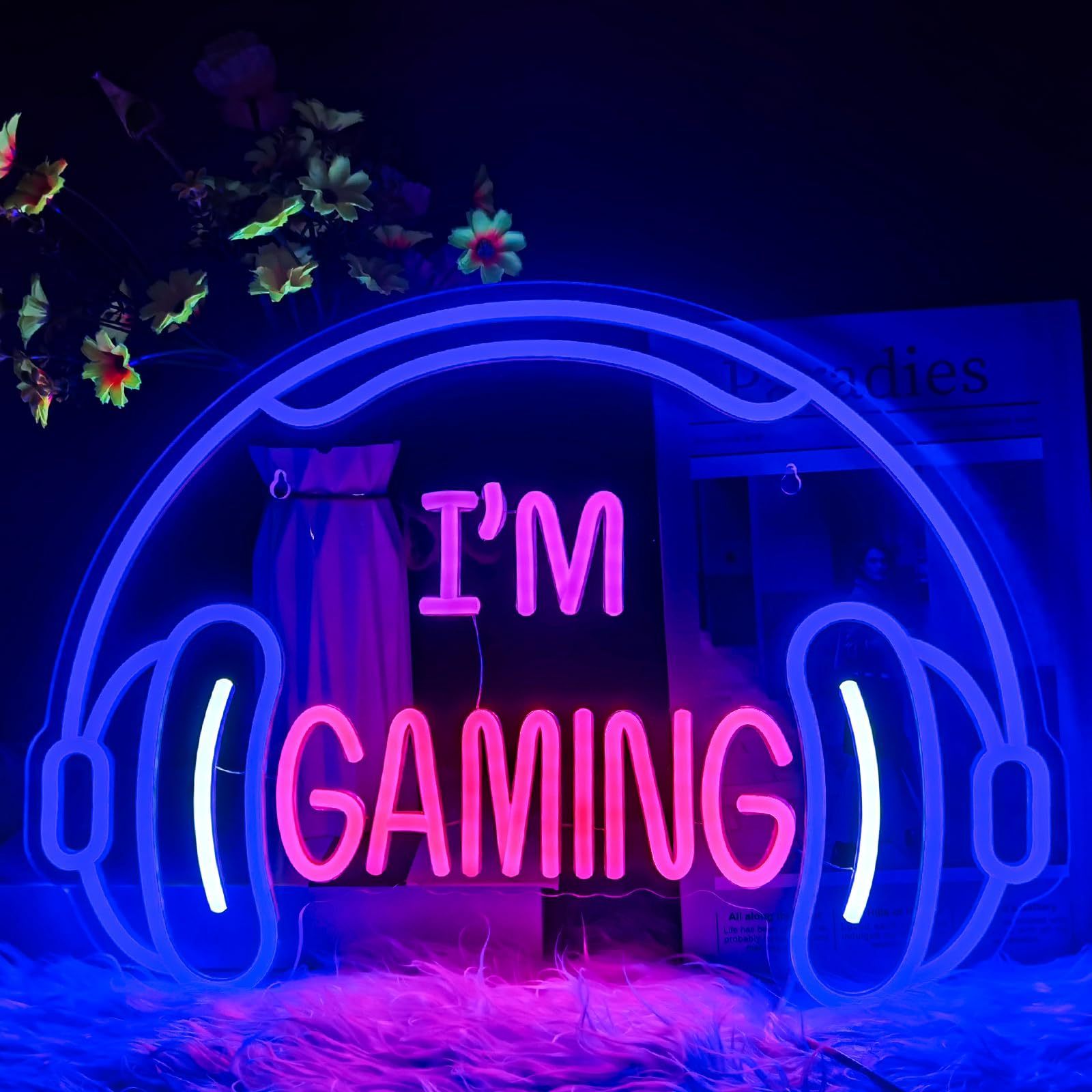 Gaming Headset Neon Sign Dimmable Colorful LED Game Headphone Neon Lights for Gamer Zone Video Teen Room Bedroom Wall Art Decor