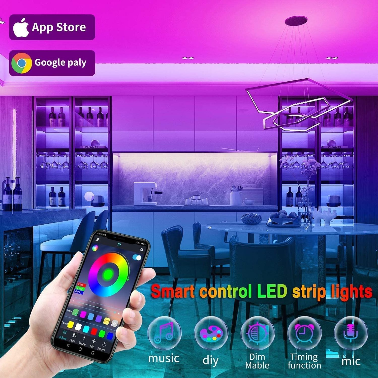 Led Strip Lights USB Powered RGB 15 Color Led Lights with Remote Control Led Lights for Bedroom Party Kitchen Home Decoration