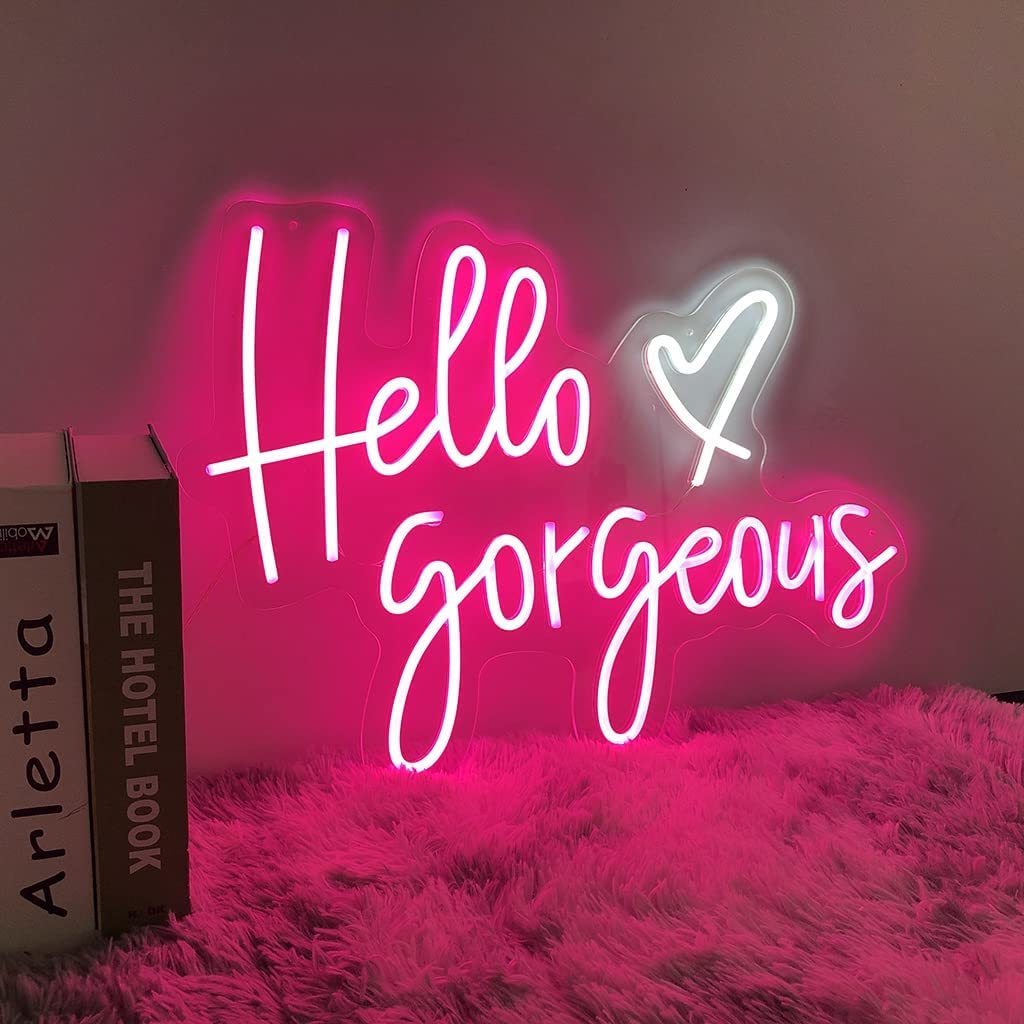 Large Pink LED Neon Signs Hello Gorgeous Wedding Light for Bedroom Birthday Party Home Bar Wall Christmas Decor Art Gift