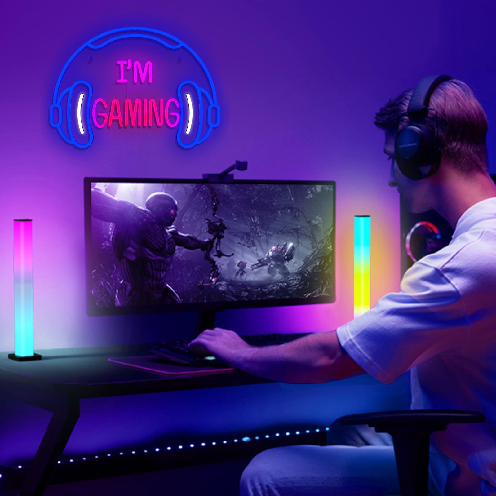 Gaming Headset Neon Sign Dimmable Colorful LED Game Headphone Neon Lights for Gamer Zone Video Teen Room Bedroom Wall Art Decor