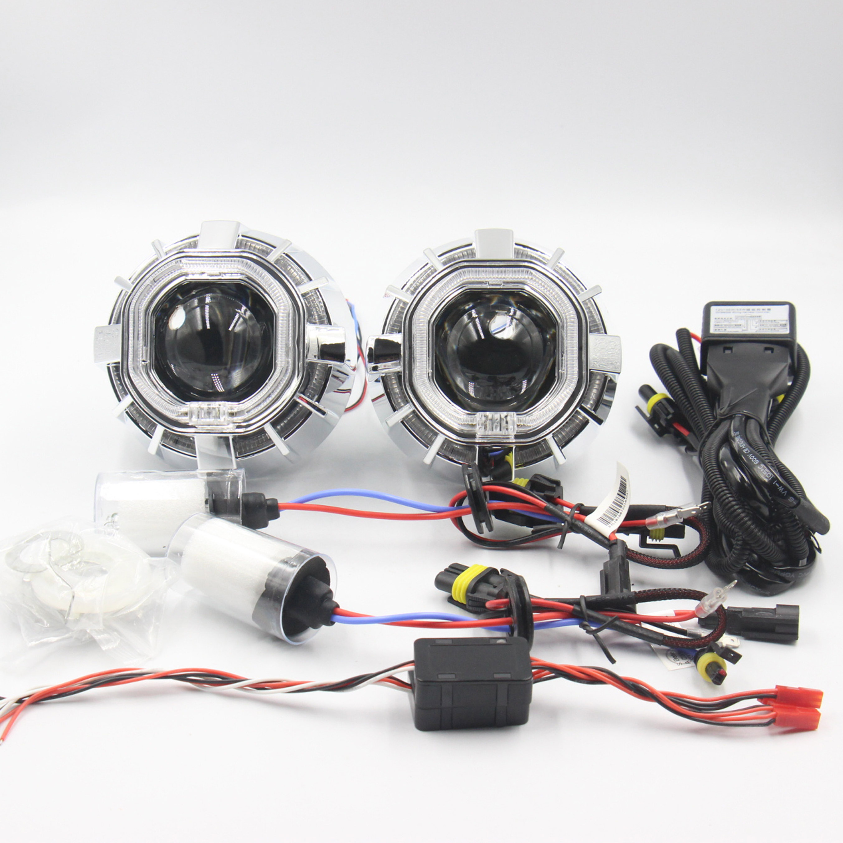 Wholesale 12V HID 35W Bi-xenon Projector Lens kit with Dual ring and angel eyes headlight lens for car