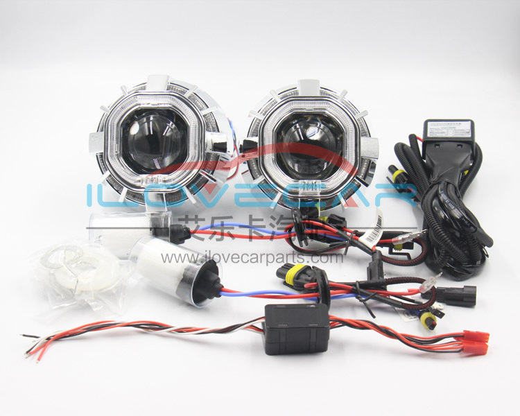 Wholesale 12V HID 35W Bi-xenon Projector Lens kit with Dual ring and angel eyes headlight lens for car