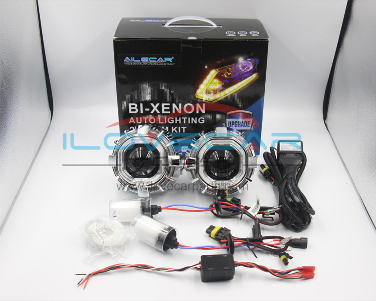 Wholesale 12V HID 35W Bi-xenon Projector Lens kit with Dual ring and angel eyes headlight lens for car