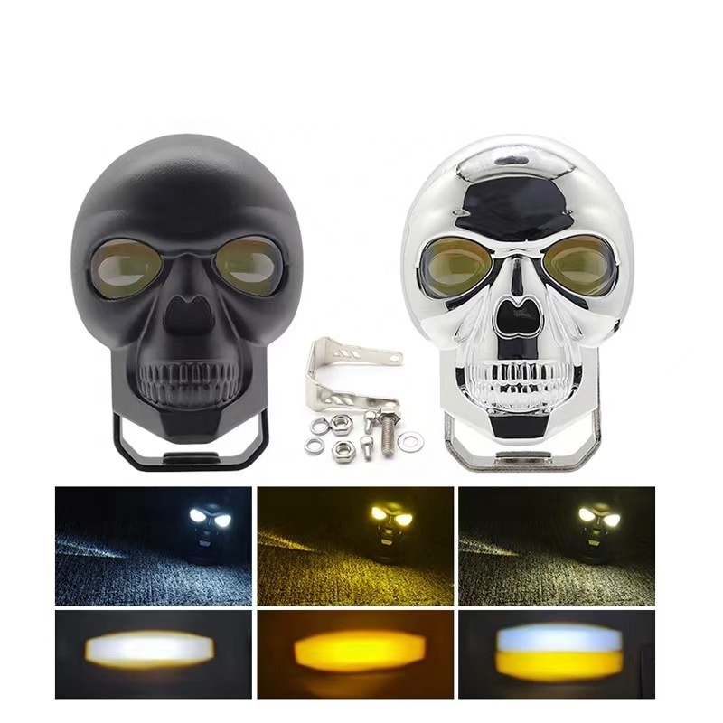 Skull motorcycle LED spotlight external headlight high and low beam modified light lens two-color small steel cannon