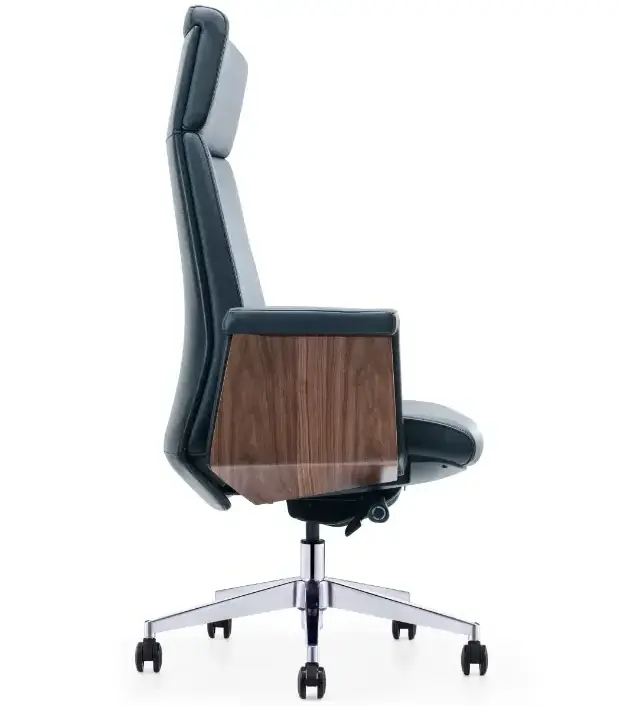 High End Quality Revolving Real Leather Boss Office Chair With Wooden Armrests