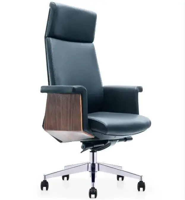 High End Quality Revolving Real Leather Boss Office Chair With Wooden Armrests