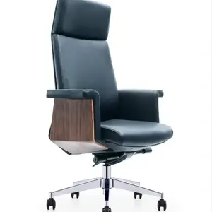 High End Quality Revolving Real Leather Boss Office Chair With Wooden Armrests