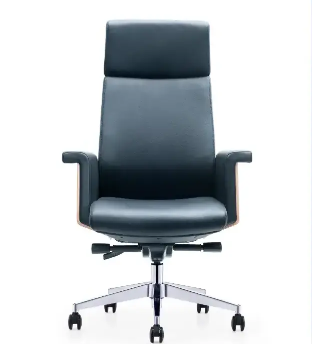 High End Quality Revolving Real Leather Boss Office Chair With Wooden Armrests