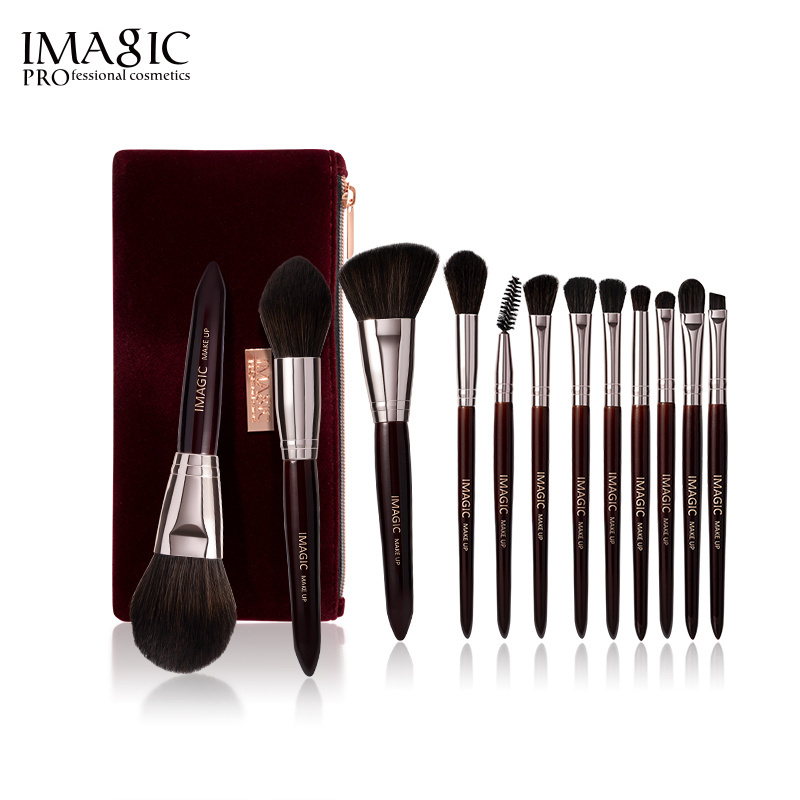 IMAGIC Makeup Brushes 12PCS Wine Red Natural Hair Eyeshadow Blending Foundation Makeup Brush Set Shader Tool