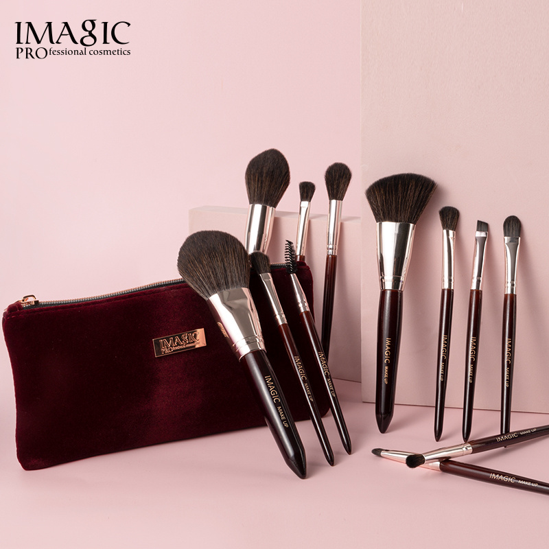 IMAGIC private label 12 pcs luxury makeup brush set wood handle loose powder foundation blush brush