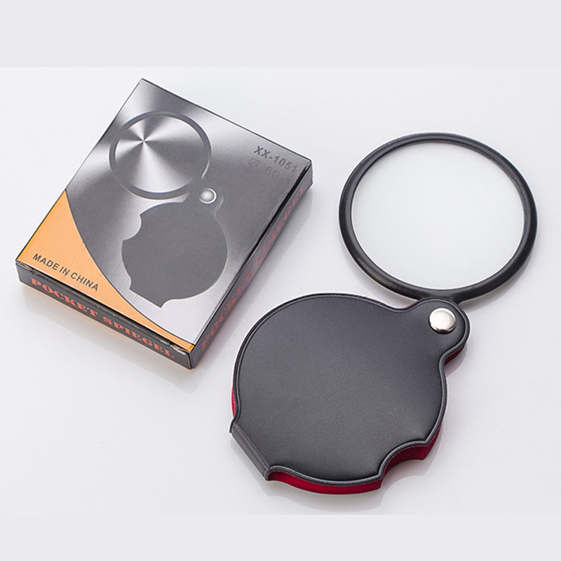 High quality portable pocket folding leather case magnifier 6X optical glass lens magnifier Pocket Mirror gift enlarger