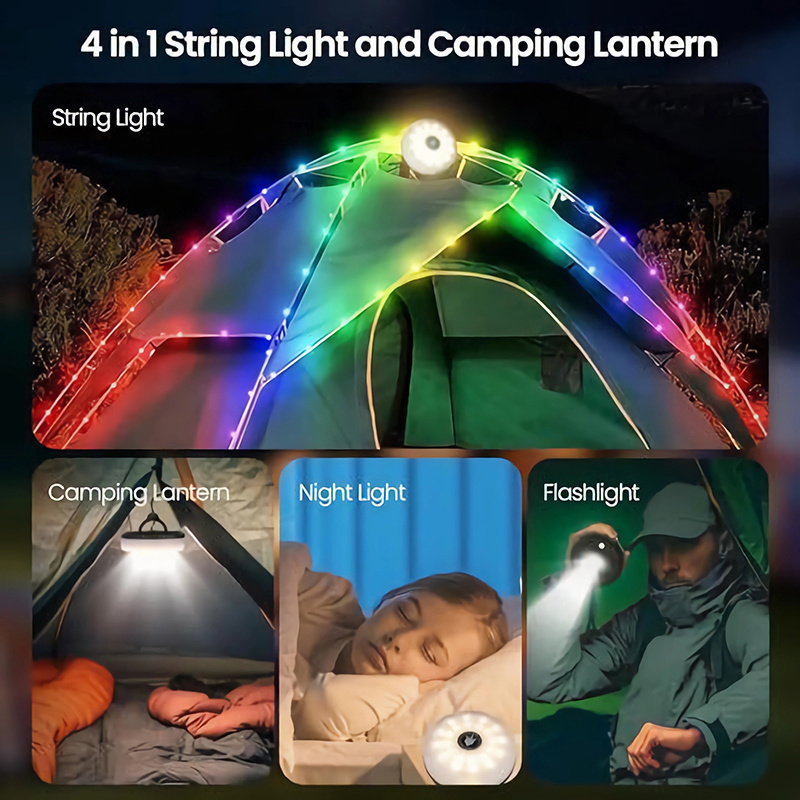 Multifunctional Coloful String Lights USB Rechargeable Strong Magnet LED Camping Lantern Tent Hanging Lights