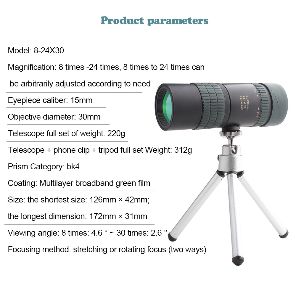 High Quality 8-24x30 Zoom Monocular for Smartphone  Powerful Foldable Telescope BAK4 Retractable Hunting Optics Long Range