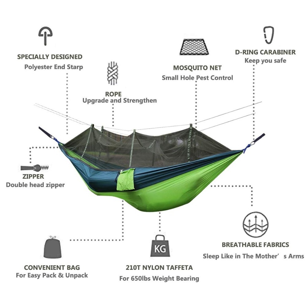 Outdoor Parachute Hanging Bed with Mosquito Net Ultra Light Nylon Double Army Green Camping Air Tent Portable Hammock