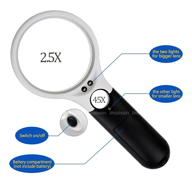 Magnifier with 3 LED Light,  2.5 X 45X Handheld Magnifier Reading Magnifying Glass Lens Jewelry Loupe White and Black