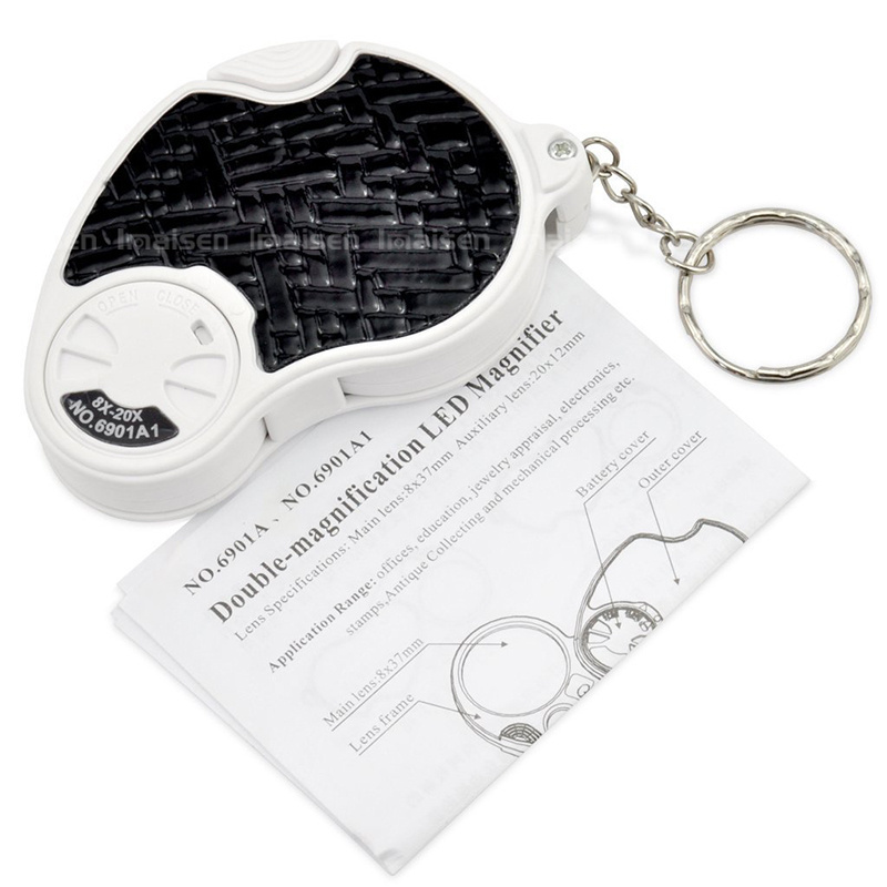 Mini Foldable 8X 20X   Magnifying Glass  LED Lighted Pocket Jewelers Loupe Magnifier with Keychain-Black