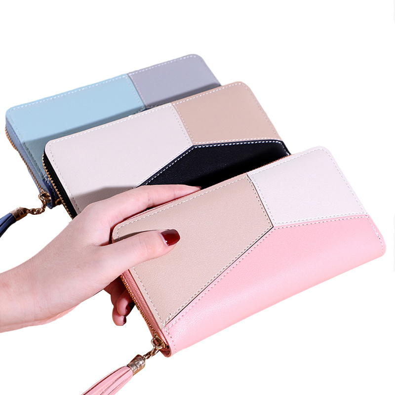 Fashion Women Long Wallets Contrast Color Phone Bag Pu Ladies Purse Card Holder Handbags Money Clip Coin Zipper Wallet