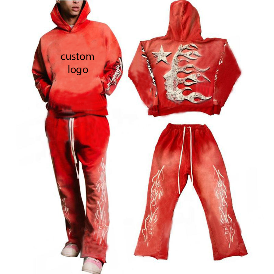 Custom Acid Wash Tracksuit Cotton Jogging Suit Embroidery Sweat Suit Flared Sweatpants And Hoodies Set Distressed Sweatsuits Men