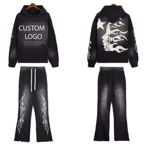 Custom Acid Wash Tracksuit Cotton Jogging Suit Embroidery Sweat Suit Flared Sweatpants And Hoodies Set Distressed Sweatsuits Men