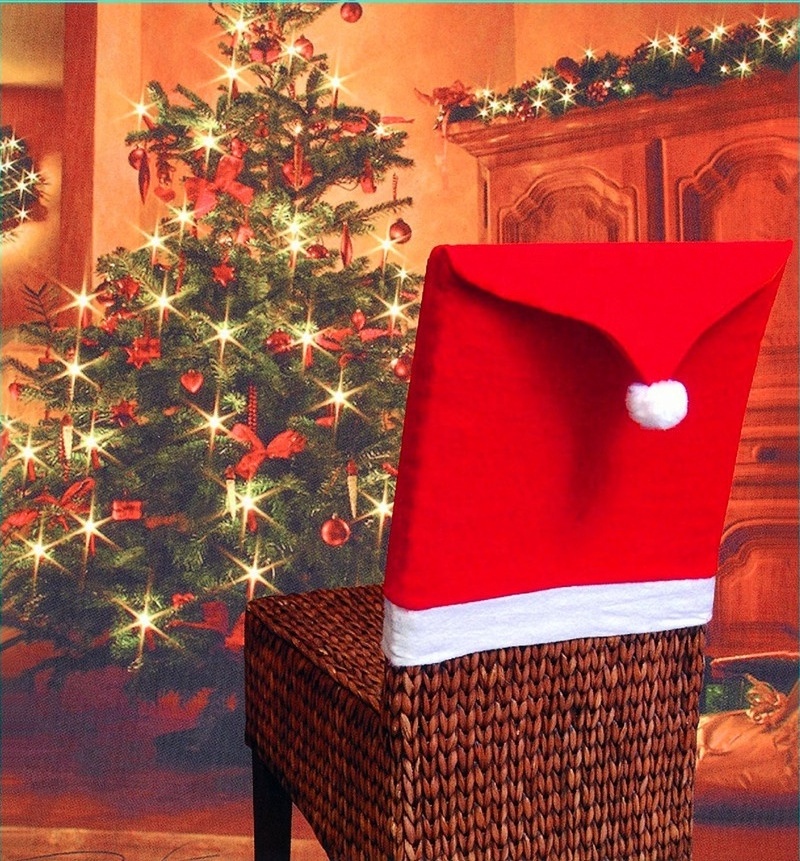 Red non-woven Christmas Chair Covers Santa Hat Chair Covers for Dining Room Holiday Christmas Decorations Red