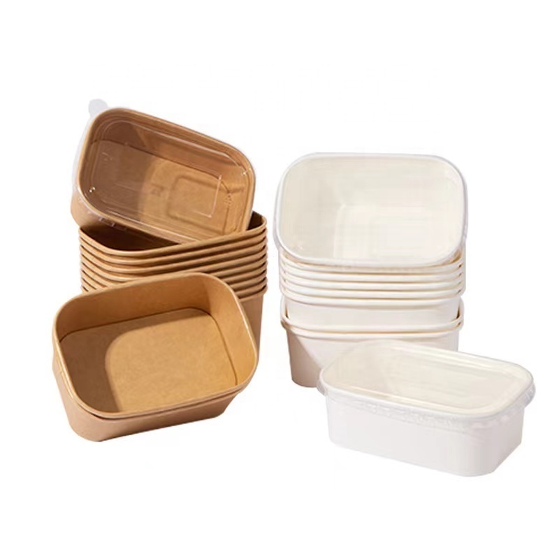 IMEE Waterproof Takeaway Food Container Kraft White Customized Printing Rectangle Plate Paper Bowl with Lid OEM