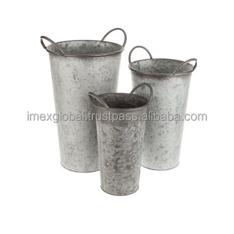 Rustic Country Farm Metal Oval Shape Planter Tubs with Wooden Handles Galvanized Steel Metal Flower Pots Buckets