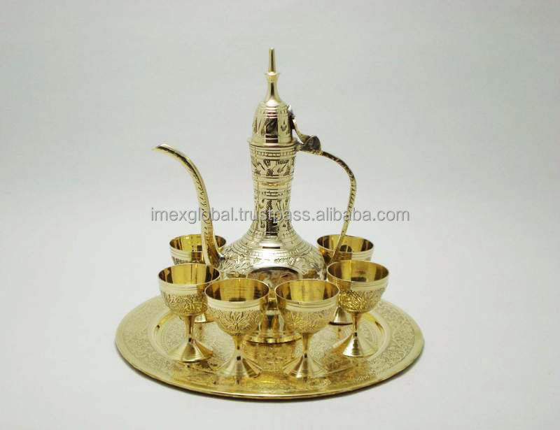 Arabic Brass Dallah Tea Coffee Pot with 6 Glass High quality and best manufacturing in whole sale price top selling coffee pot