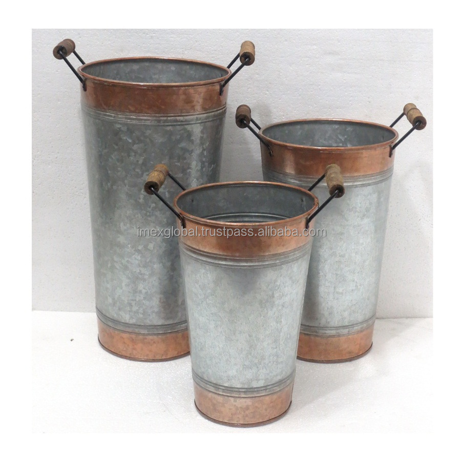 Rustic Country Farm Metal Oval Shape Planter Tubs with Wooden Handles Galvanized Steel Metal Flower Pots Buckets