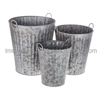 Rustic Country Farm Metal Oval Shape Planter Tubs with Wooden Handles Galvanized Steel Metal Flower Pots Buckets