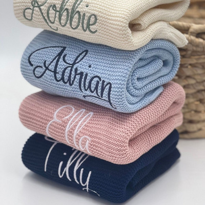 Monogrammed Newborn Baby Gift Soft Cotton Personalized Knit Baby Blanket Embroidery Gift for Baby Shower Stroller Blanket