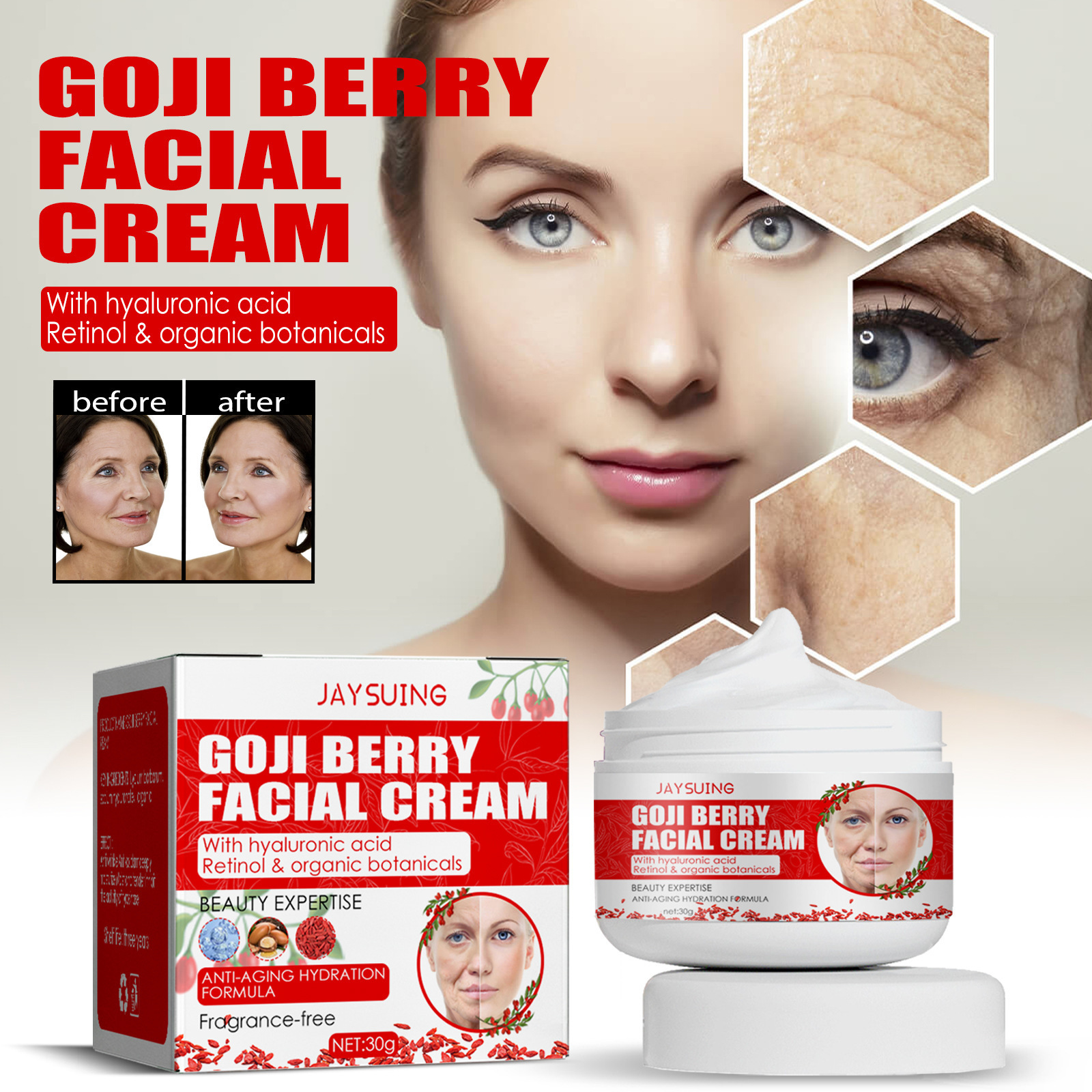 Goji Berry Fragrance Free Facial Cream improve Tone Face Cream Hyaluronic Acid Moisturizing Anti aging Firming Goji Berry Cream