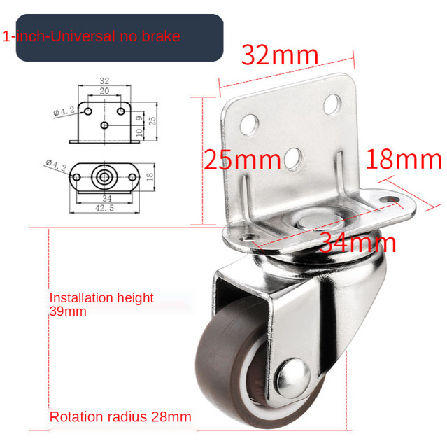 1pc Heavy duty casters 20kg Mute swivel wheels for moving furniture chair crib cabinet workbench Soft rubber universal castor