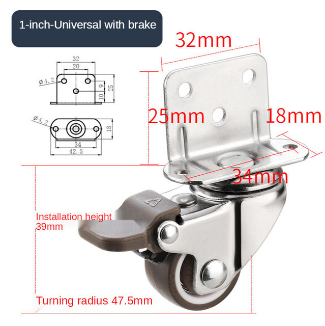 1pc Heavy duty casters 20kg Mute swivel wheels for moving furniture chair crib cabinet workbench Soft rubber universal castor