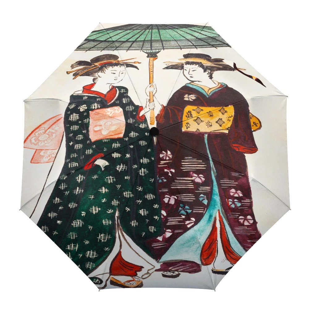 Rain Umbrella Three Folding Girl Durable Portable Automatic Rain Umbrellas Gift Parasol Kimono Japanese Female Geisha Print