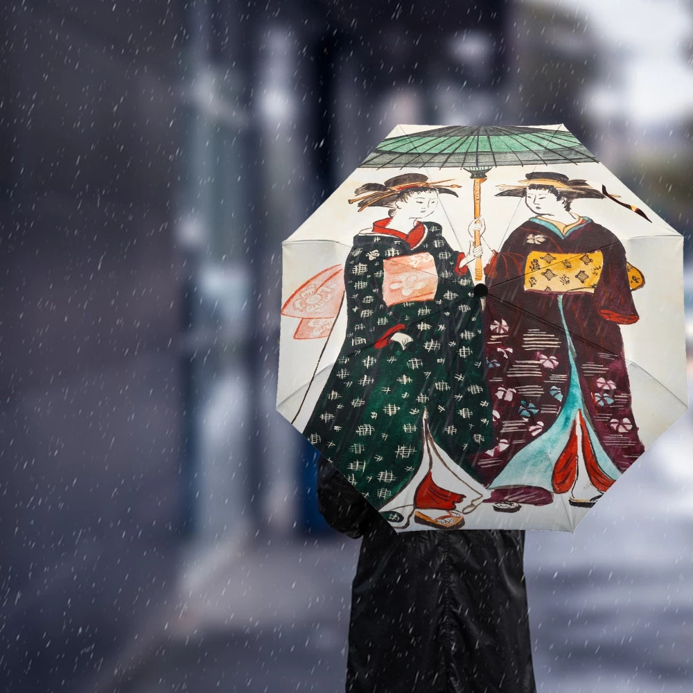 Rain Umbrella Three Folding Girl Durable Portable Automatic Rain Umbrellas Gift Parasol Kimono Japanese Female Geisha Print