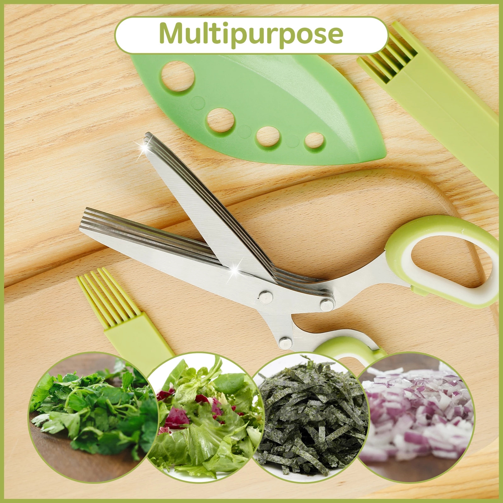 Herb Scissors Leaf Herb Stripper Stainless Steel 5 Blade Herb Scissors with Lid Reusable Kitchen Peeler Fruit Vegetable Tool