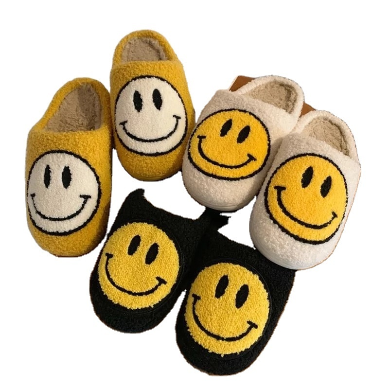 Women Fluffy Fur Slippers Big Smile Floor Slipper Short Plush Fleece Flat For Couple Shoes Black Lady Indoor Happy Slippers