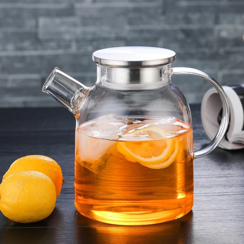 1L/1.8L Transparent Glass Teapot Heat Resistant Flower Kettle Water Jug with Bamboo Stainless Steel Cover Clear Juice Container