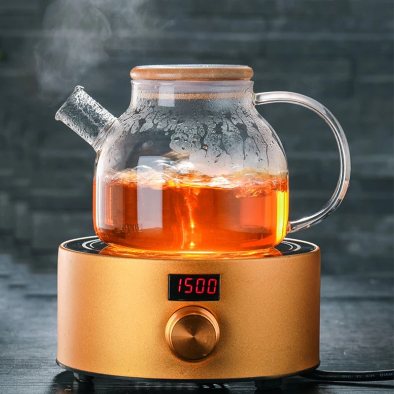 1L/1.8L Transparent Glass Teapot Heat Resistant Flower Kettle Water Jug with Bamboo Stainless Steel Cover Clear Juice Container