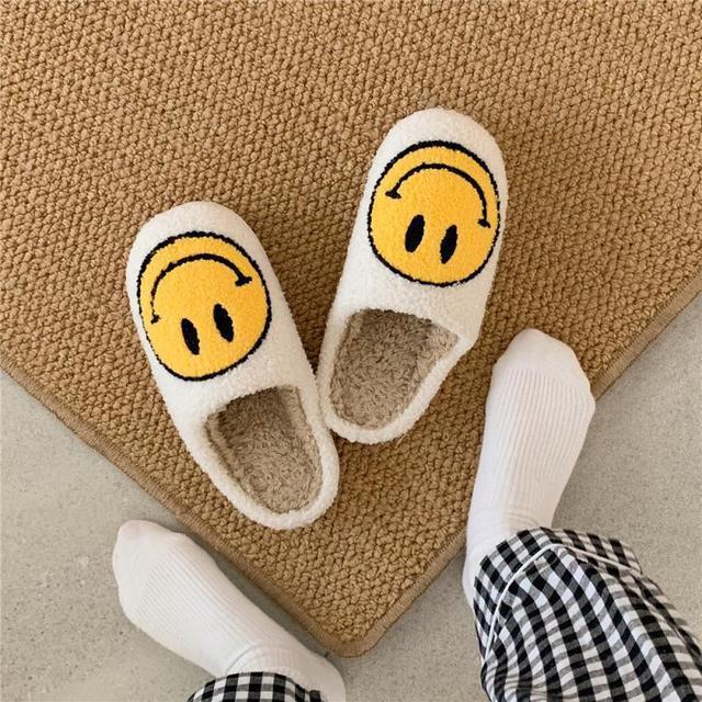 Women Fluffy Fur Slippers Big Smile Floor Slipper Short Plush Fleece Flat For Couple Shoes Black Lady Indoor Happy Slippers