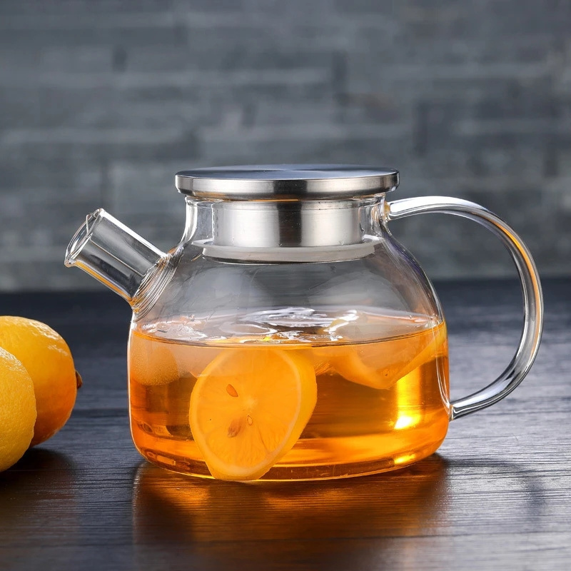 1L/1.8L Transparent Glass Teapot Heat Resistant Flower Kettle Water Jug with Bamboo Stainless Steel Cover Clear Juice Container