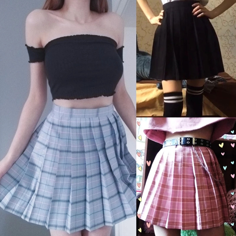 Harajuku Black Skirts Women Summer High Waist Anime Skirts Kawaii School Uniform Short Mini White Pink Plaid Pleated Skirt