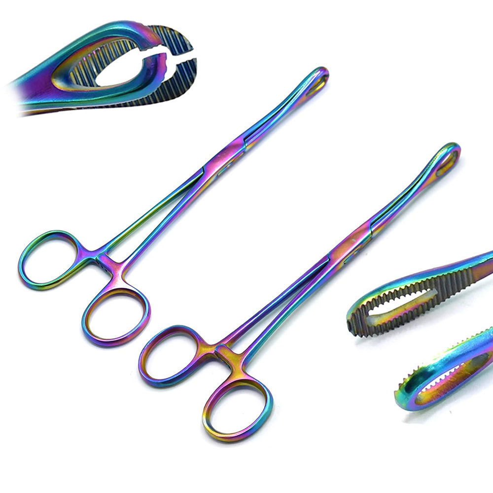 Set Of 2 Multi Titanium Rainbow Color Body Piercing Forceps Kit Hemostat Sponge Clamp 7