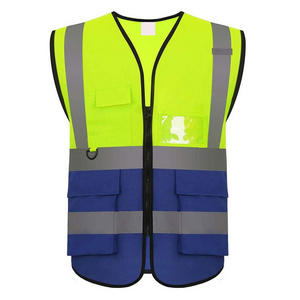 Reflective Strips Safety Work Vest For Construction Outdoor Multi Pocket Reflective Vest Mix Yellow & Blue Custom Wholesale