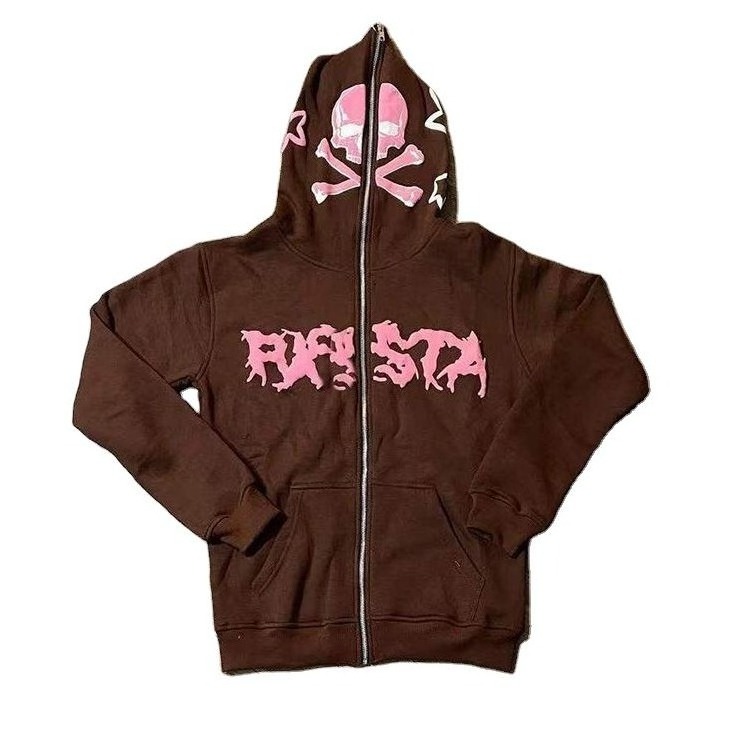 Custom Logo Rhinestone Full Face Zip Up Hoodies French Skeleton High Quality Embroidery Oversized Hoodie with Face Masked