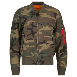 Wholesale Design Apparel All over Slim Fit Camouflage Print Rib Trim Men's Camo Bomber Jacket