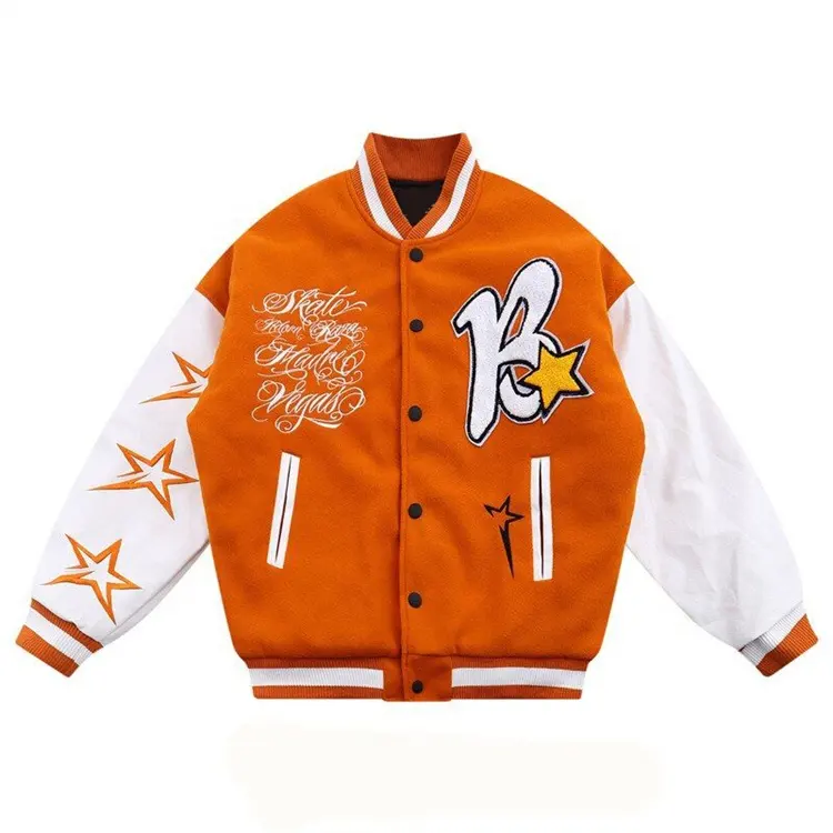 OEM Wholesale New Design Orange Custom High Quality Wool Letterman Bomber Varsity Jackets for Men and Women