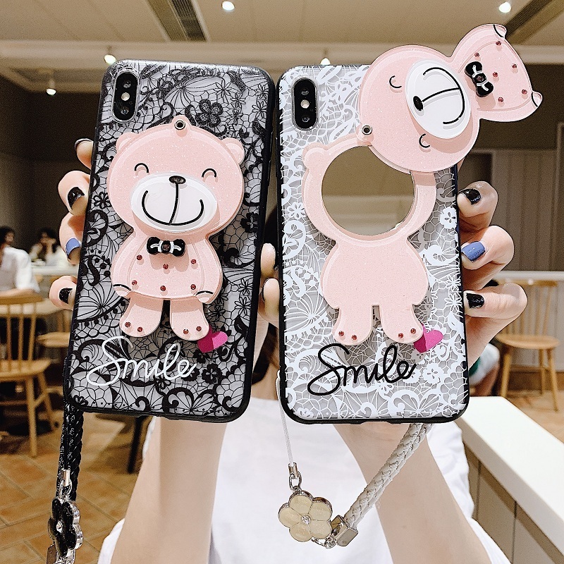 3D Cartoon Bear Lace Flower Mirror Phone Case For iPhone 11 Pro Max XS MAX X XR 8 6 6S Plus